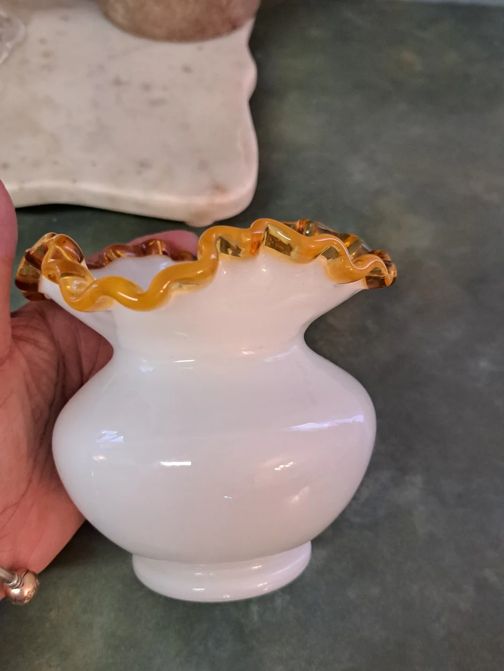 Fenton White and Amber Ruffled Glass Vase - Elegant Home Accent